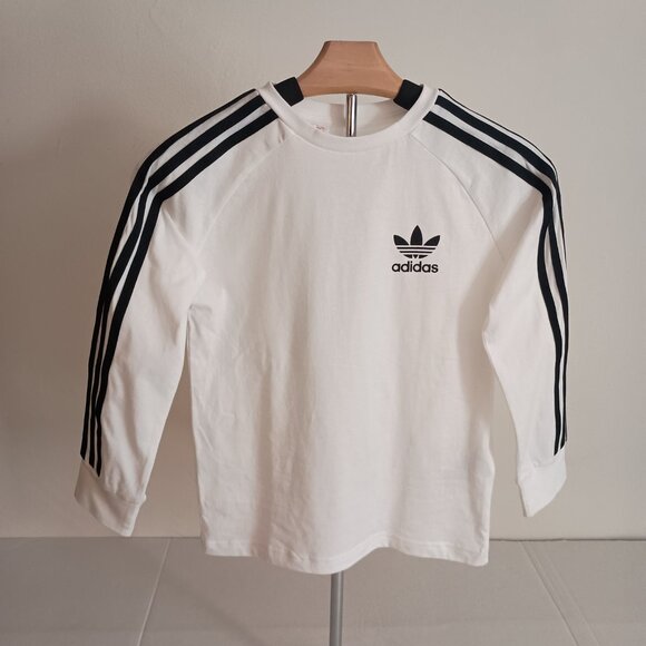 Adidas Boys White Long Sleeve T-Shirt Black Arm Stripes Size XS 7-8 years - Picture 6 of 16